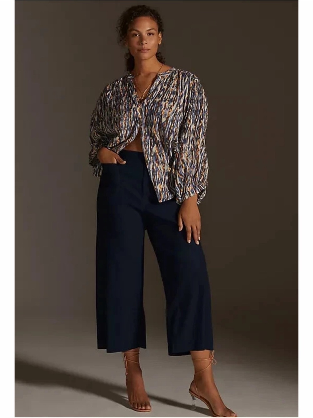 Maeve Anthropologie Colette Crop Pants Wide Leg Navvy Blue Linen 20W Plus Size
